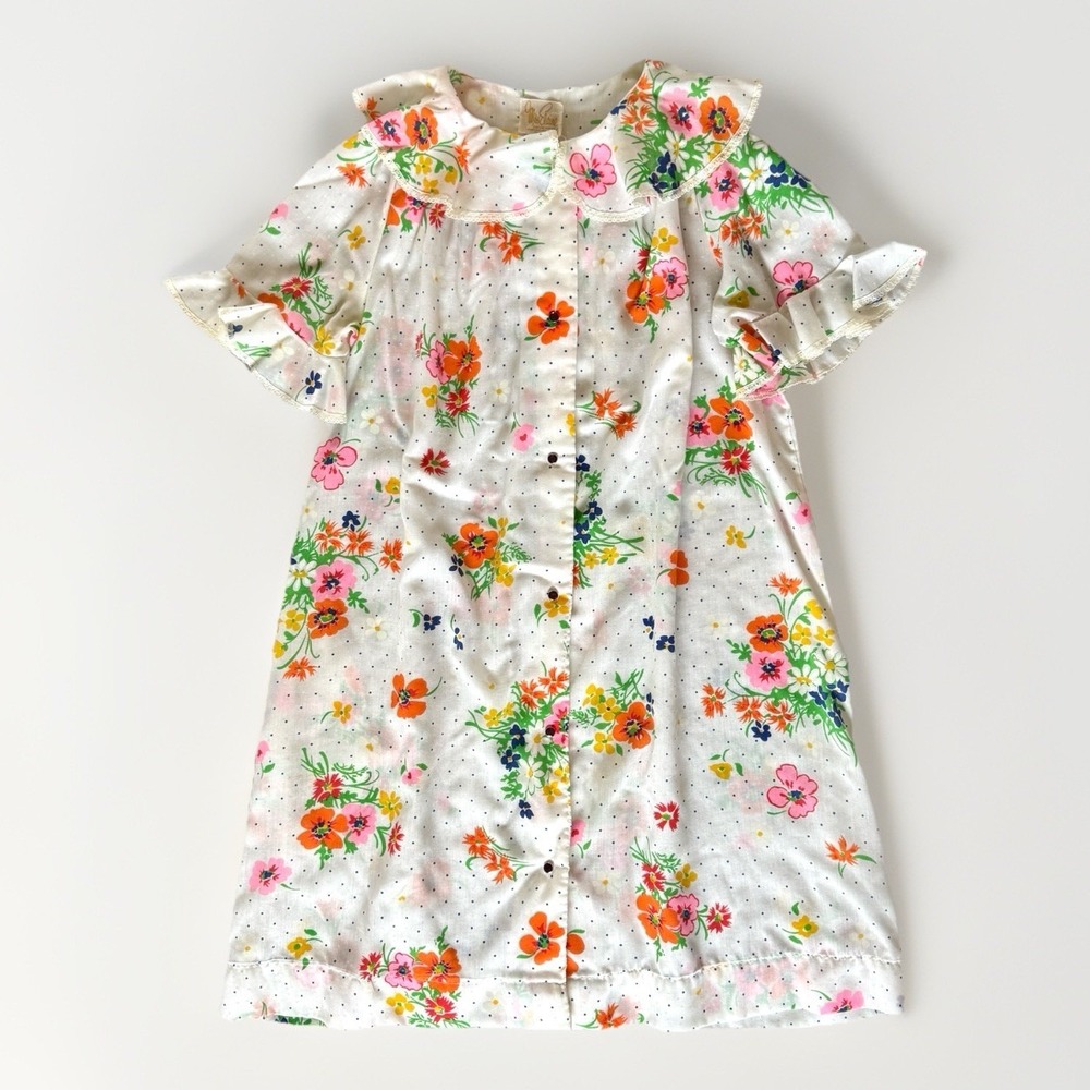 VTG Miss Elaine Floral Polka Dot Nightgown House Dress L/XL Sheer Ruffle Flutter
